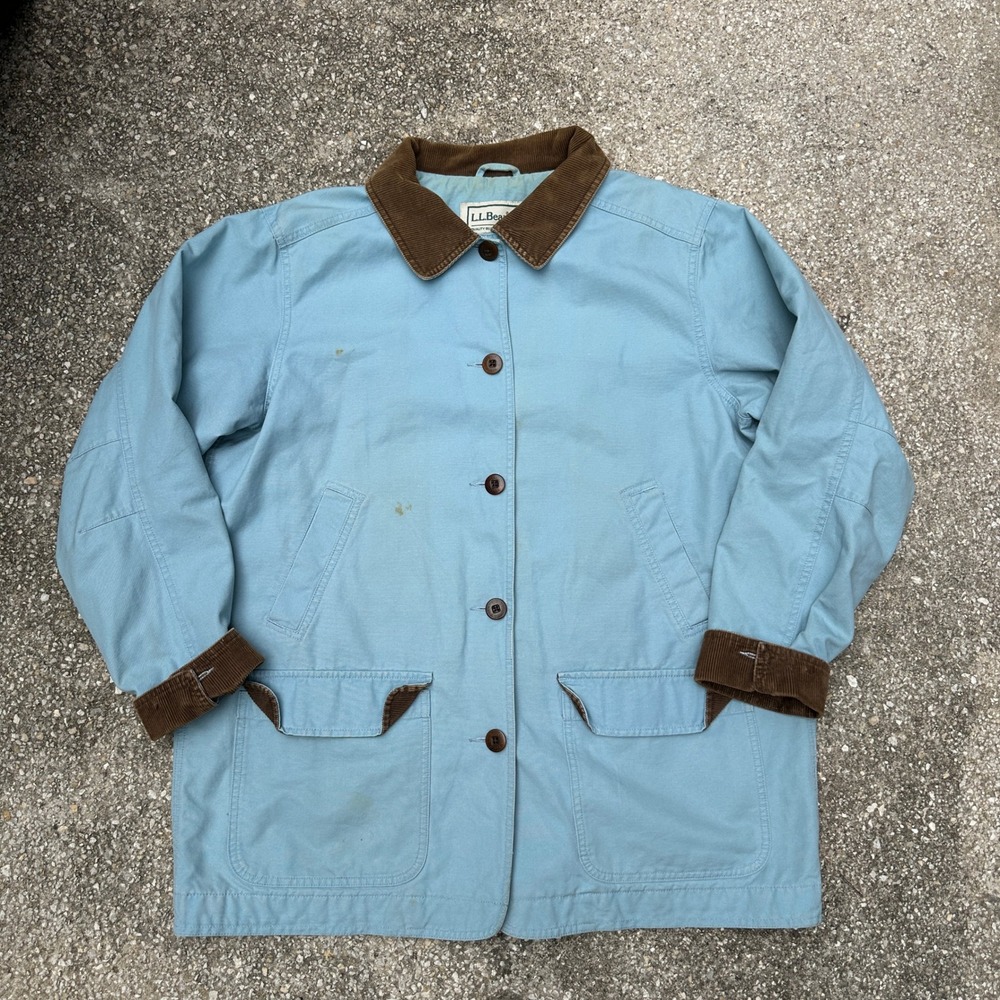 Vtg 90s LL Bean Womens XL Barn Coat Light Blue Corduroy Trim Field Jacket Canvas